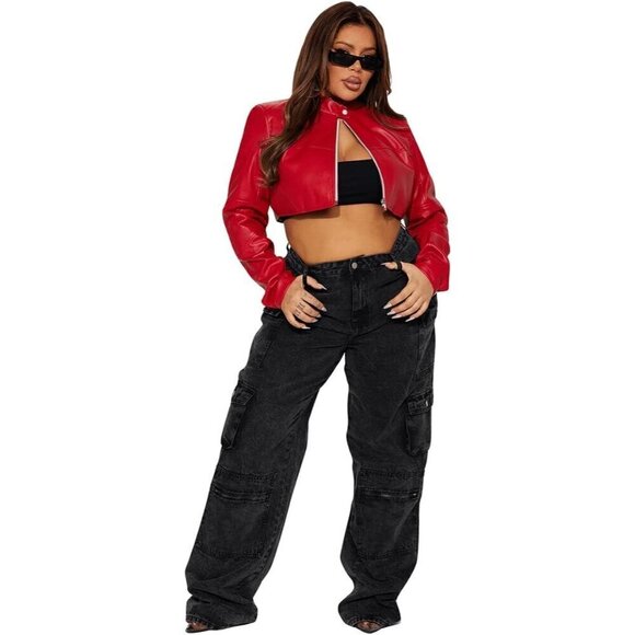 Women's Fashion Faux Leather Jacket Red Short Cropped Slim Zip Up Jackets Coat - Picture 2 of 7